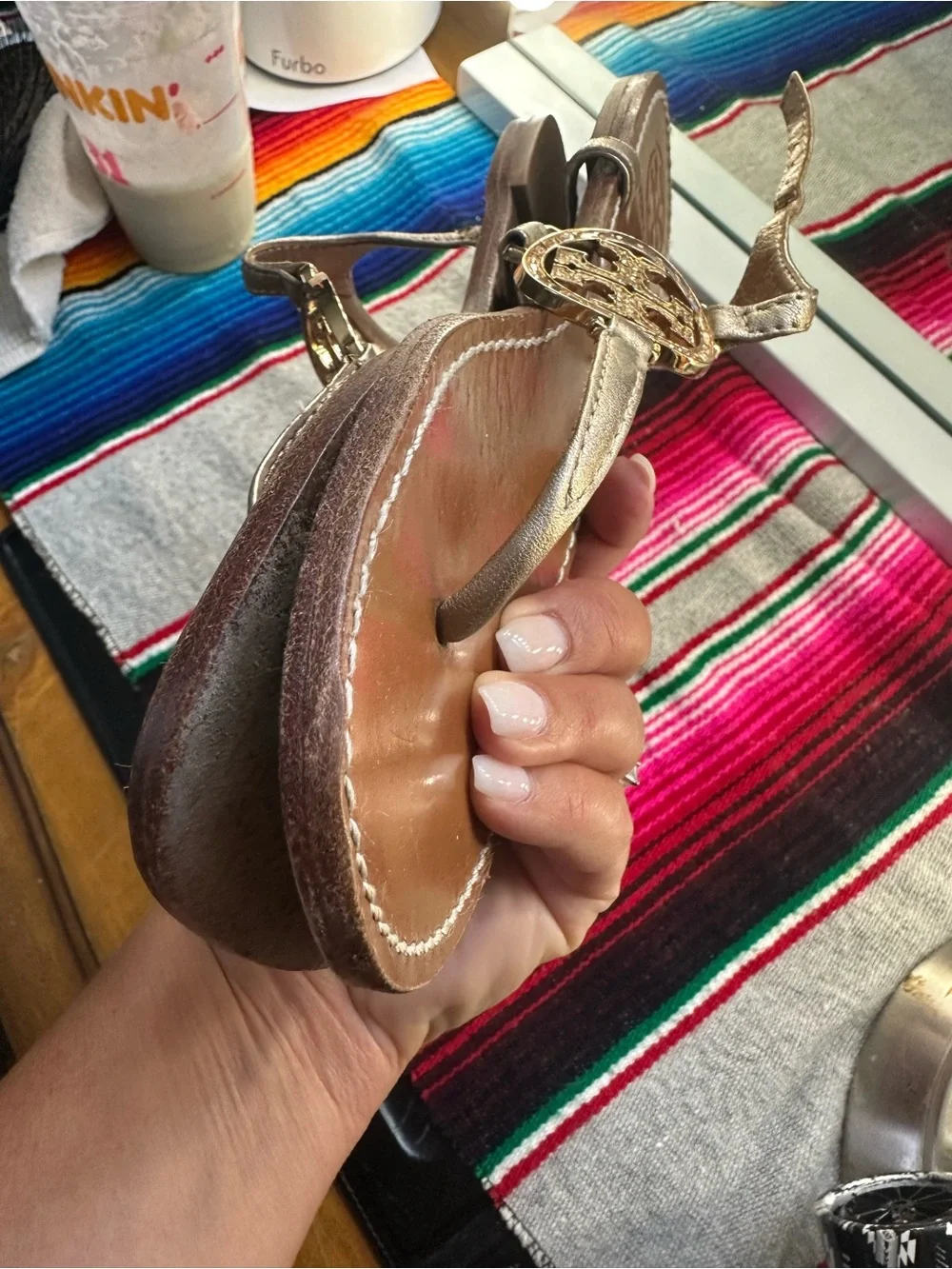 Tory Burch Gold Leather Logo Thong Sandals